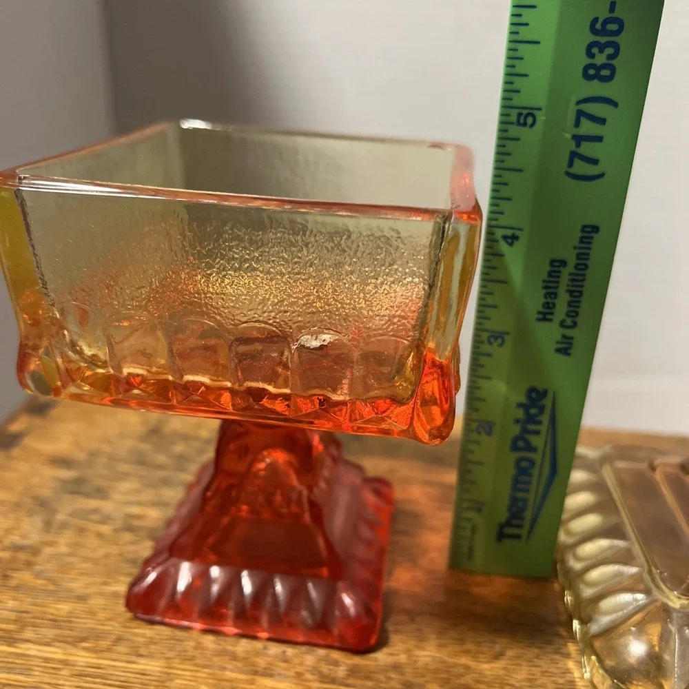 Vintage Jeannette Glass Pedestal Candy Dish Lid Red Yellow Square MCM 6.5in